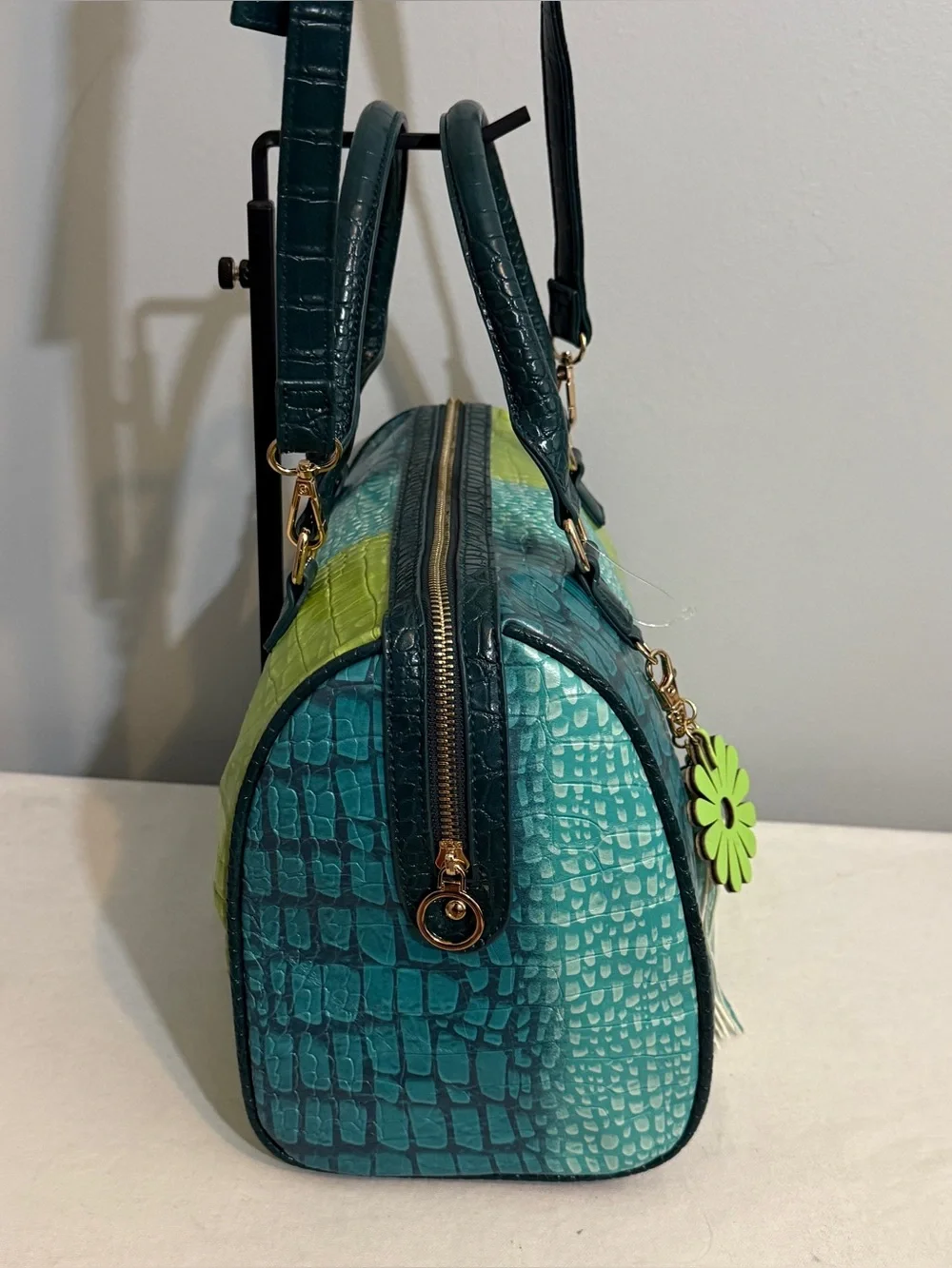 Teal Lime Ombre Croc Embossed Satchel Crossbody Bag Faux Leather